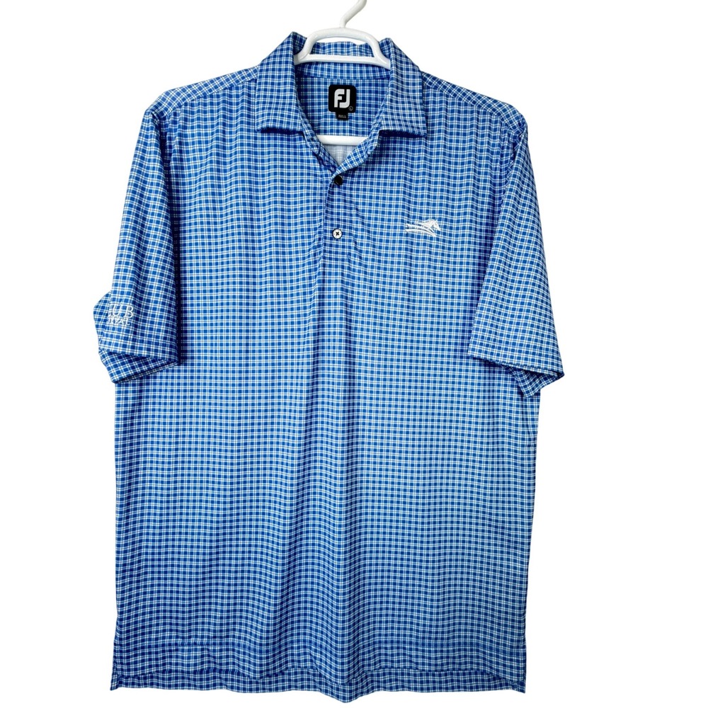 FootJoy Mens Polo Shirt Blue Check Size L Golf Performance Lightweight Casual‎